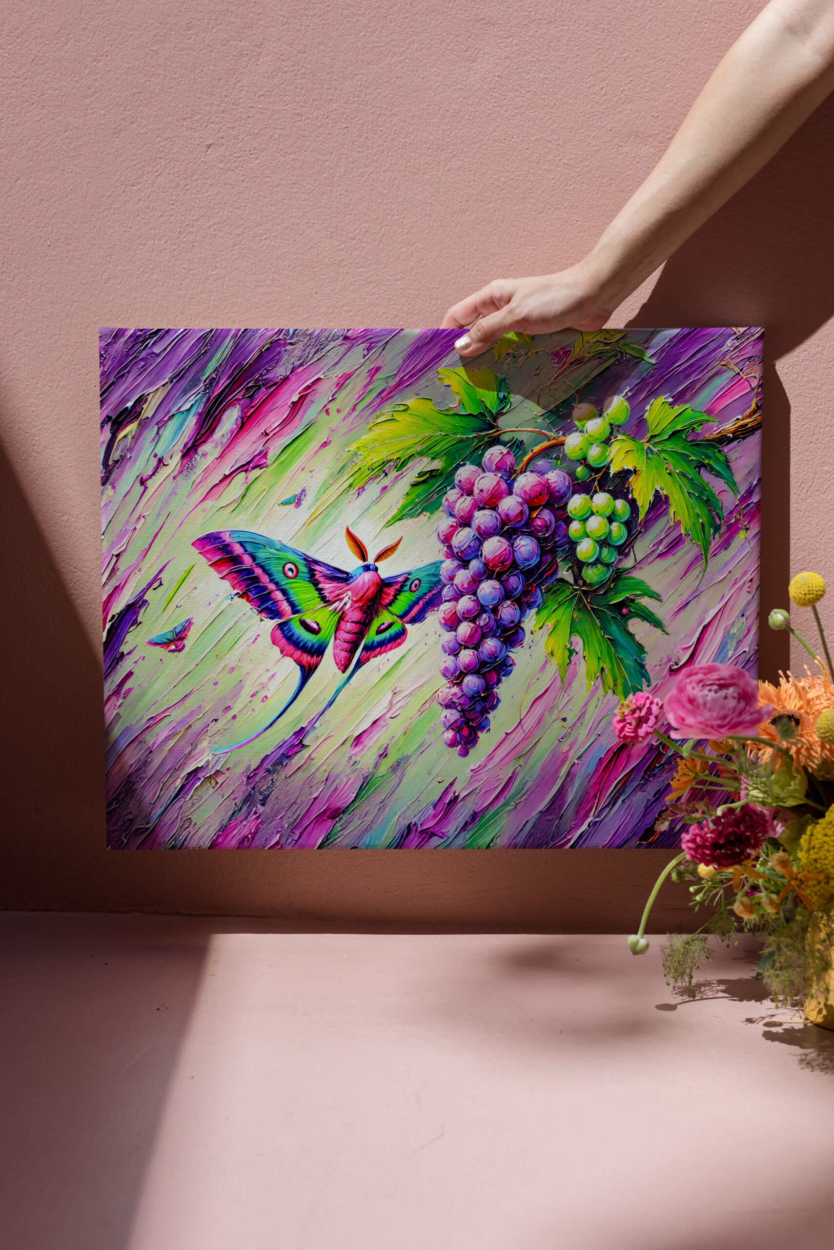 raxxa Canva: Wine Hawk-Moth Among Grapes in Oil Paintings