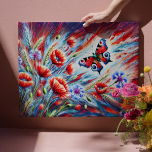raxxa Canva: Peacock Butterfly with Poppies and Cornflowers in Oil Painting