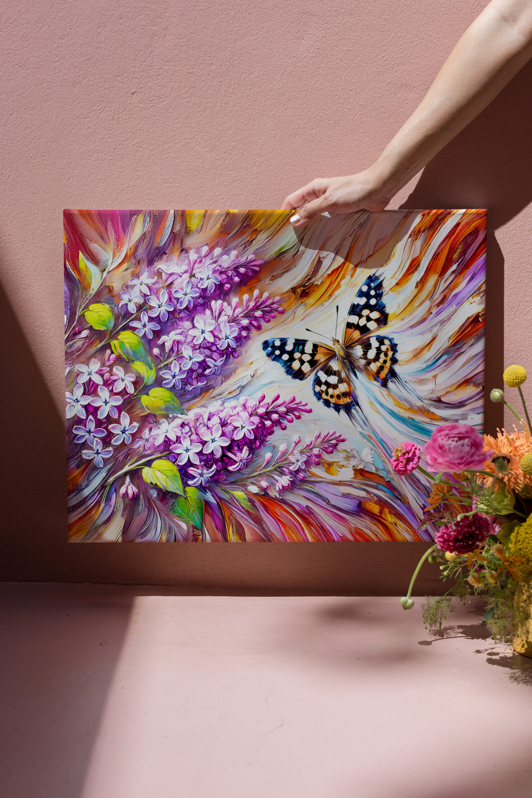 raxxa Canva: Speckled Wood Butterfly with Lilac in Oil Painting