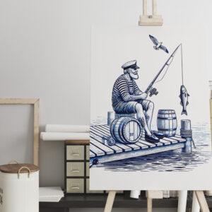 raxxa Canva: Vintage Illustration of a Sailor Sitting on a Pier Fishing