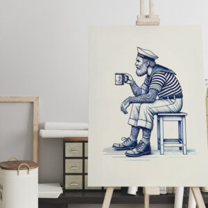 raxxa Canva: Vintage Illustration of a Sailor Drinking Coffee from a Tin Mug While Sitting on a Stool