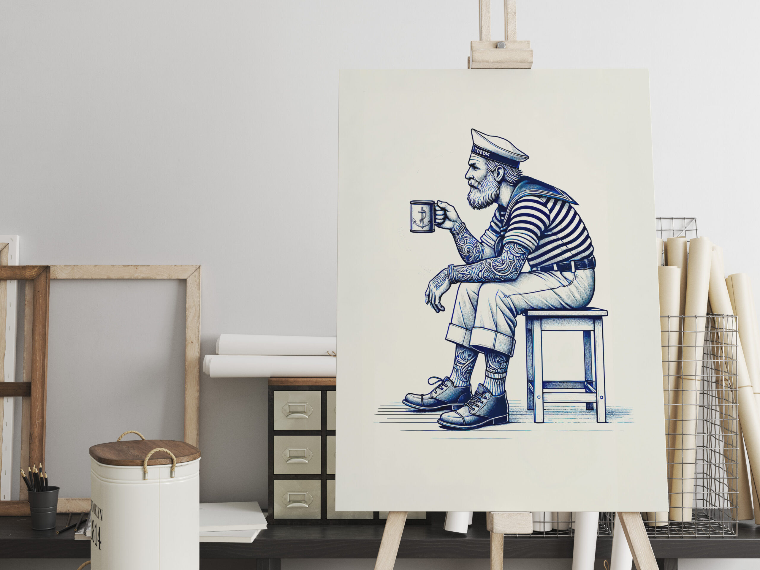 raxxa Canva: Vintage Illustration of a Sailor Drinking Coffee from a Tin Mug While Sitting on a Stool