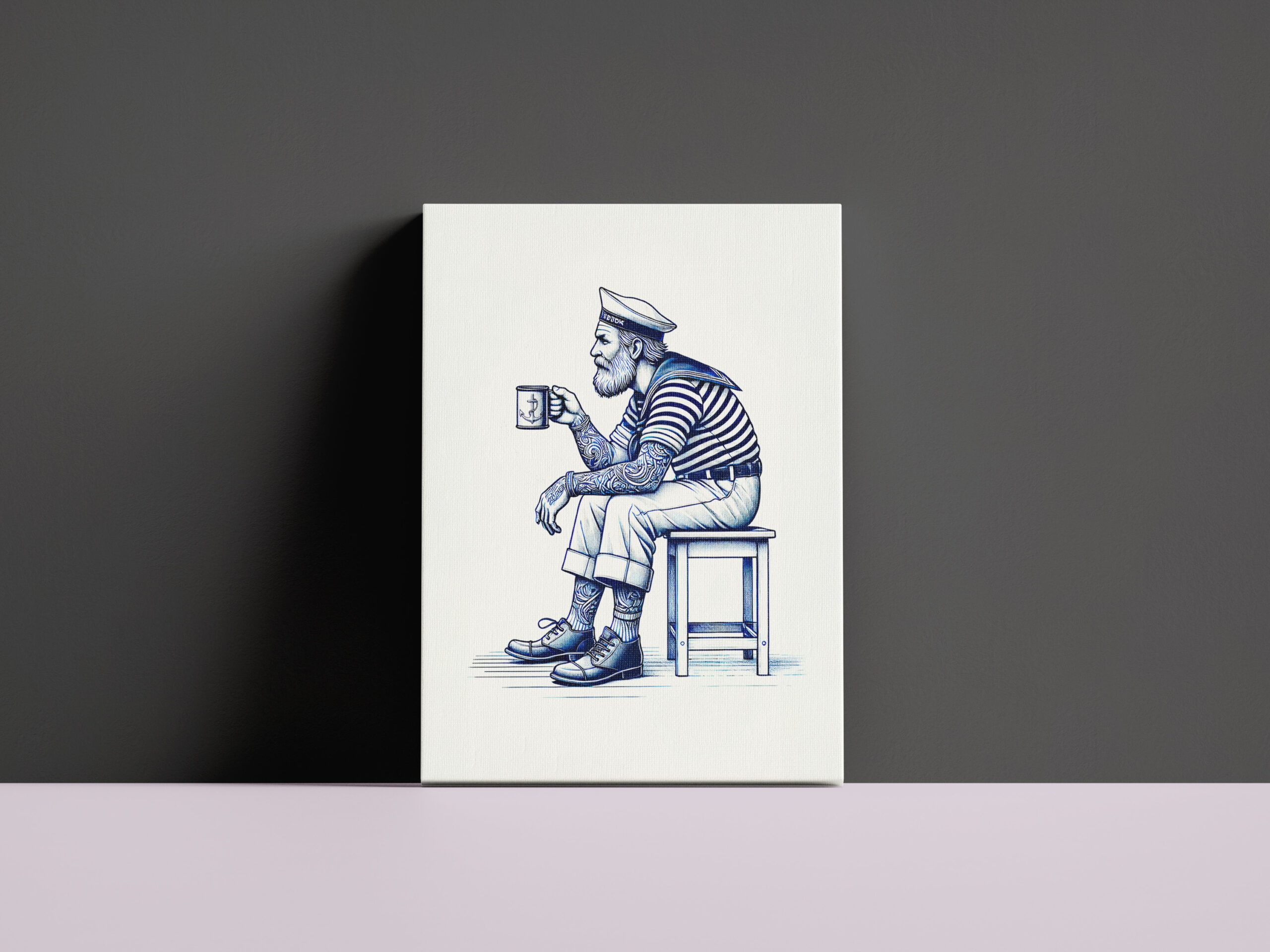raxxa Canva: Vintage Illustration of a Sailor Drinking Coffee from a Tin Mug While Sitting on a Stool – Bild 2