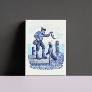 raxxa Canva: Vintage Illustration of a Matron Feeding a Seal at the Pier