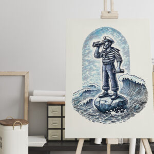raxxa Canva: Vintage Illustration of a Sailor Standing on a Rock Looking Through Binoculars