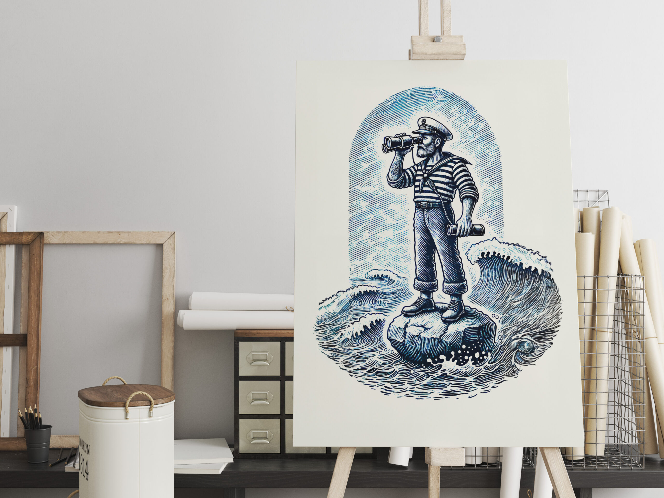 raxxa Canva: Vintage Illustration of a Sailor Standing on a Rock Looking Through Binoculars
