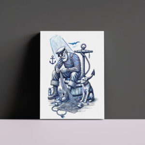 raxxa Canva: Vintage Sailor Mending Fishing Net with Dog