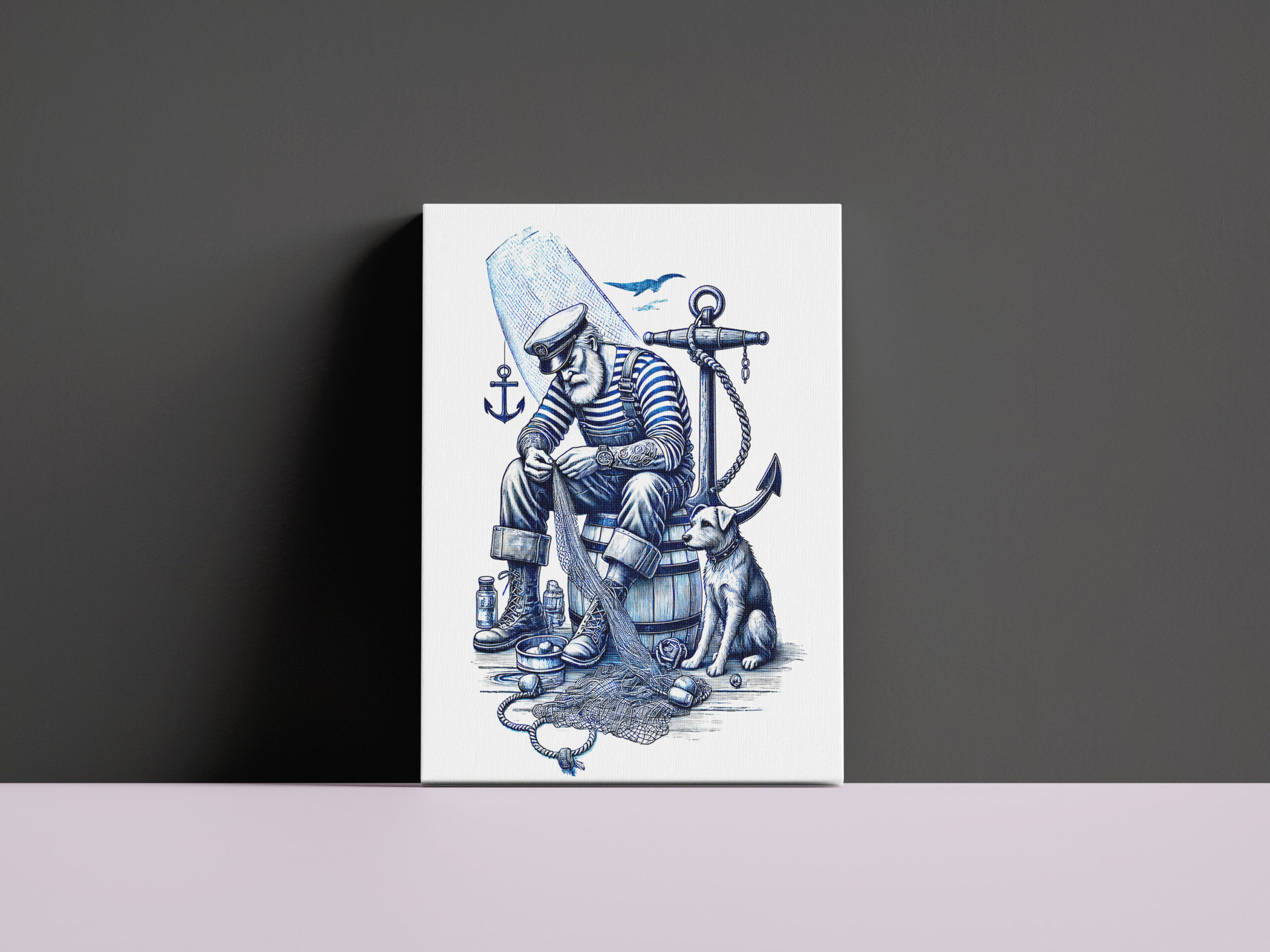 raxxa Canva: Vintage Sailor Mending Fishing Net with Dog