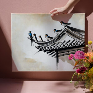 raxxa Canva: Swallows Resting on the Roof of a Chinese Temple in Ink Painting