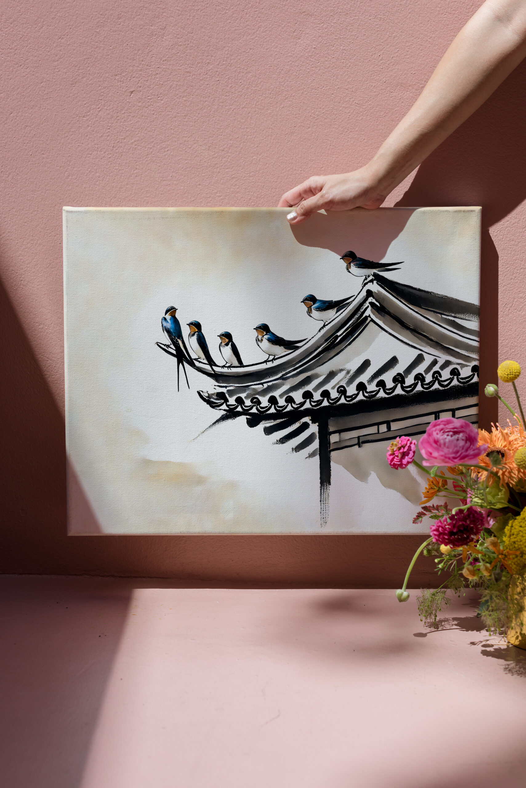 raxxa Canva: Swallows Resting on the Roof of a Chinese Temple in Ink Painting