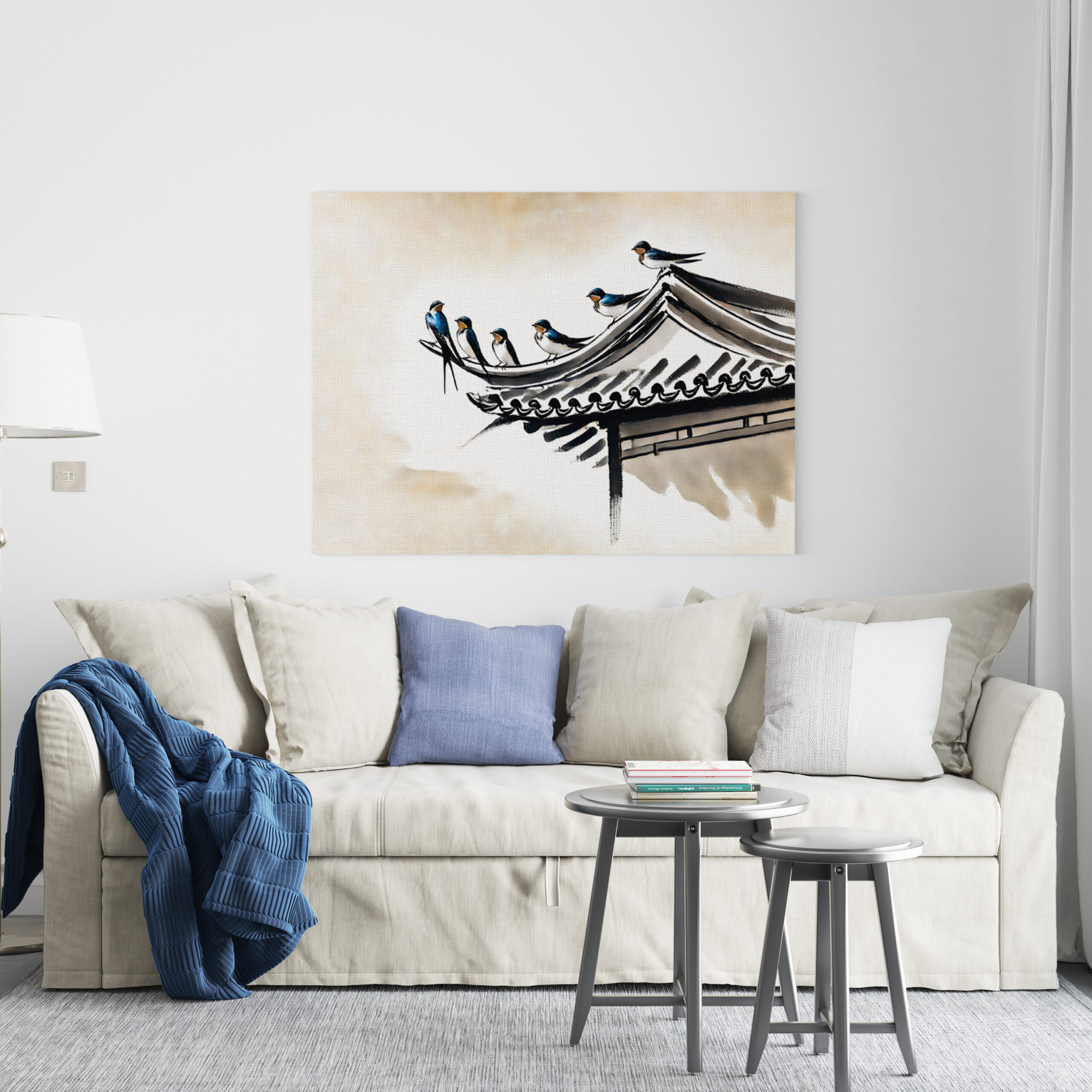 raxxa Canva: Swallows Resting on the Roof of a Chinese Temple in Ink Painting - immagine 2