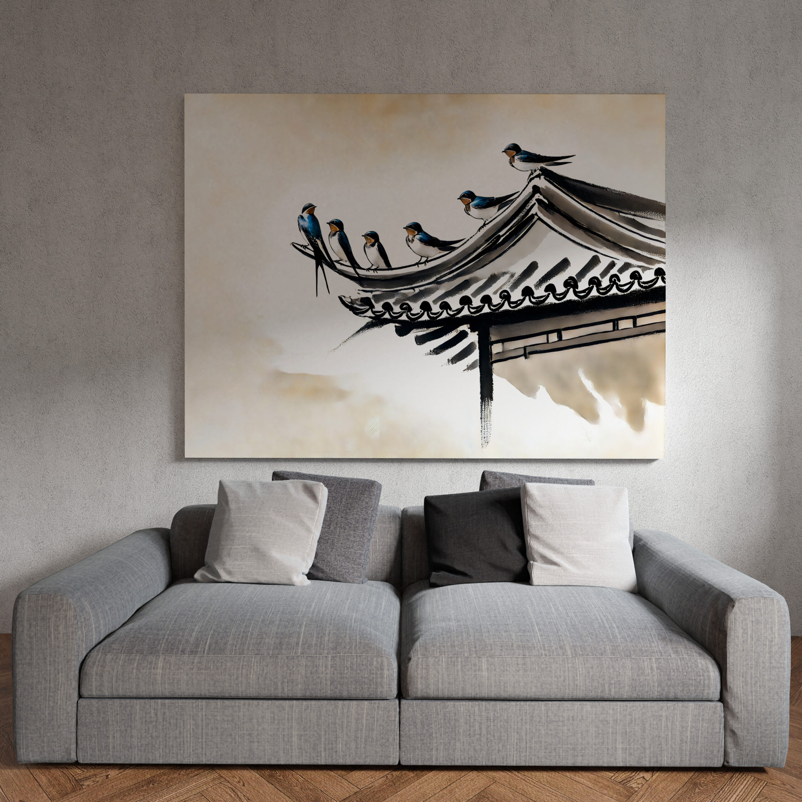 raxxa Canva: Swallows Resting on the Roof of a Chinese Temple in Ink Painting - immagine 3