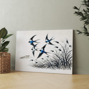 raxxa Canva: Group of Swallows Soaring Through the Sky in Chinese Ink Painting