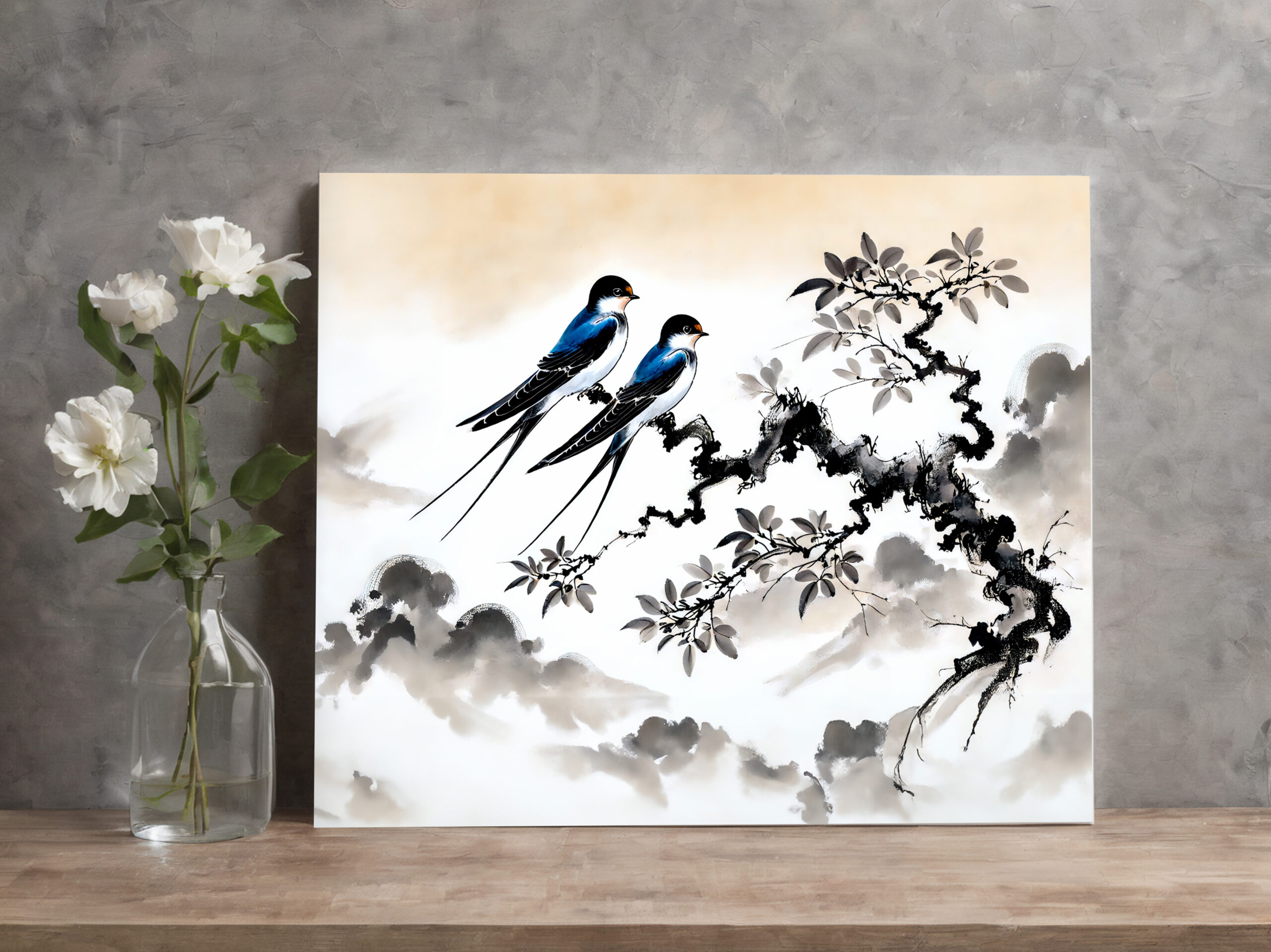 raxxa Canva: Swallows Perched on a Branch in Chinese Ink Painting – Image 2