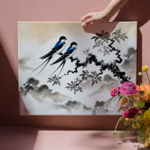 raxxa Canva: Swallows Perched on a Branch in Chinese Ink Painting