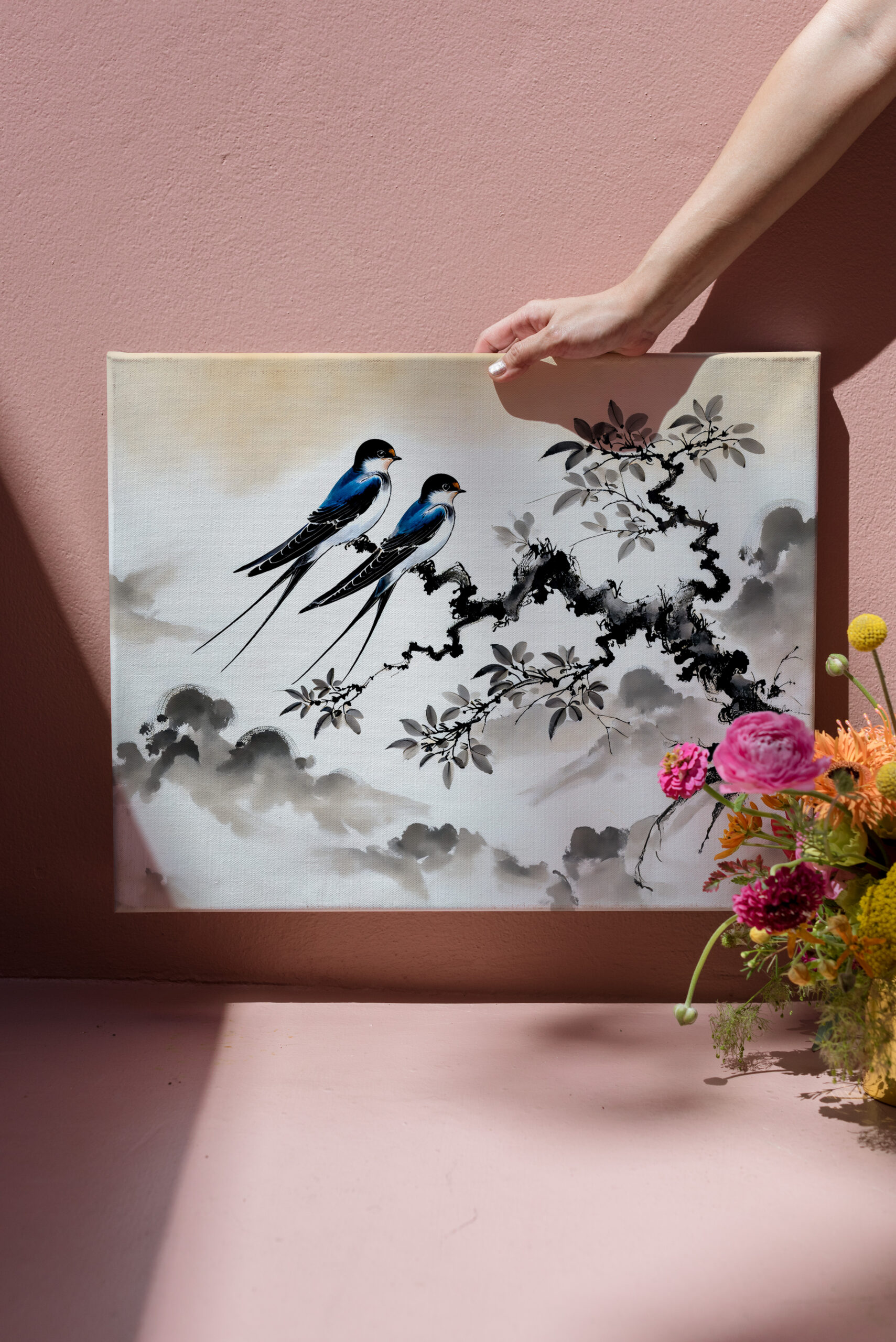 raxxa Canva: Swallows Perched on a Branch in Chinese Ink Painting