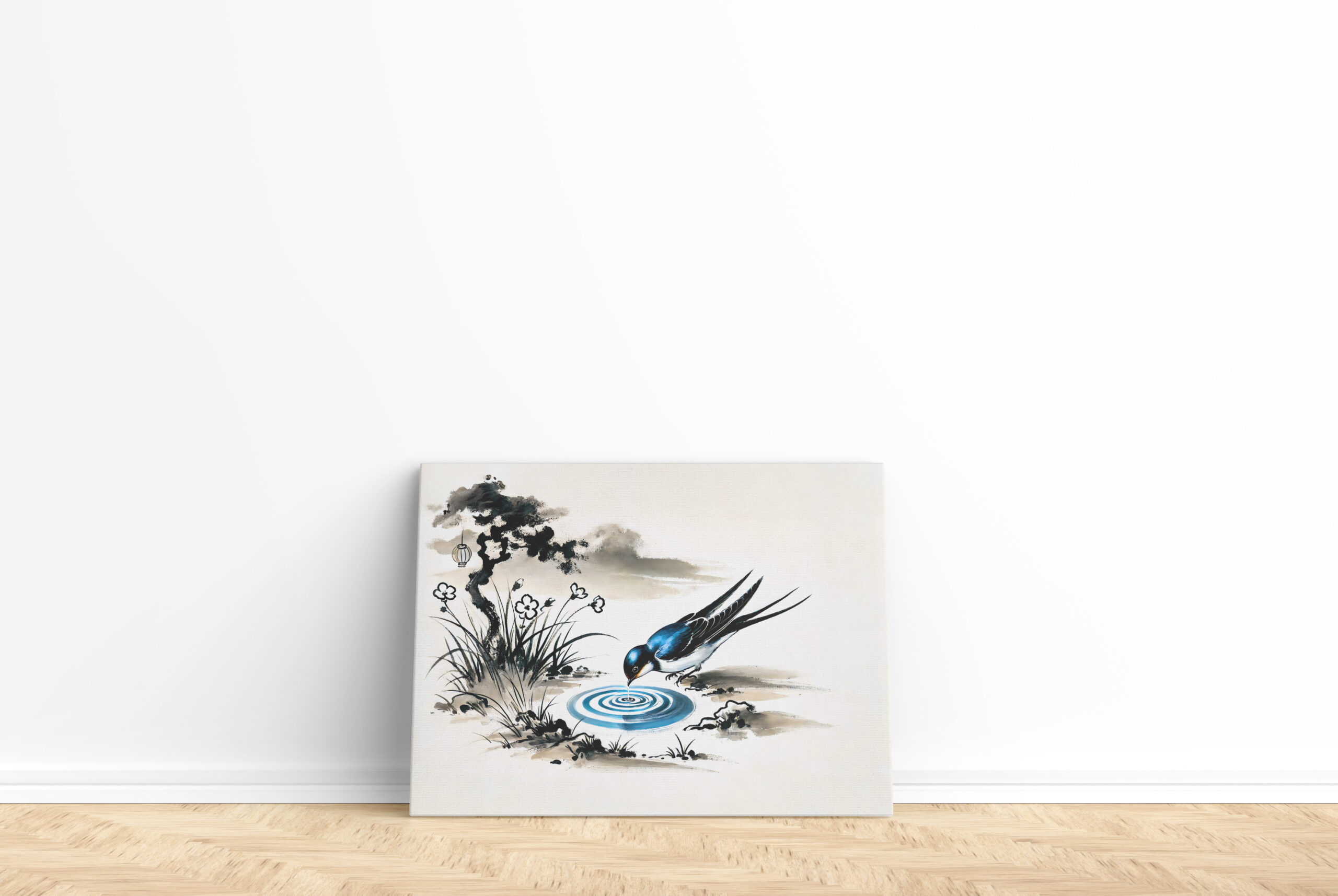 raxxa Canva: Swallow Drinking Water in a Stream in Chinese Ink Painting - immagine 2