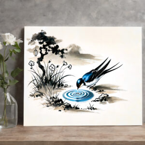 raxxa Canva: Swallow Drinking Water in a Stream in Chinese Ink Painting