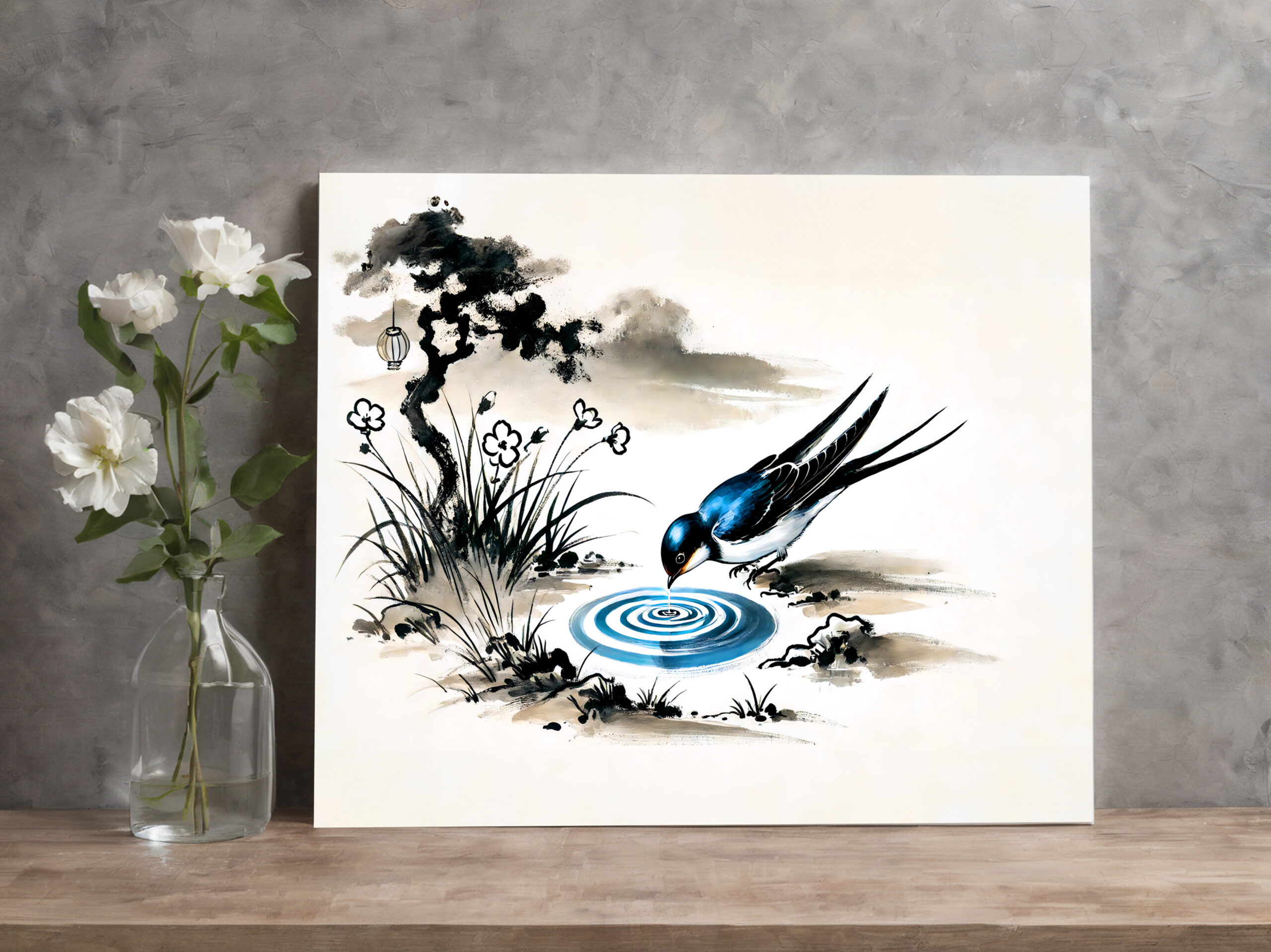 raxxa Canva: Swallow Drinking Water in a Stream in Chinese Ink Painting