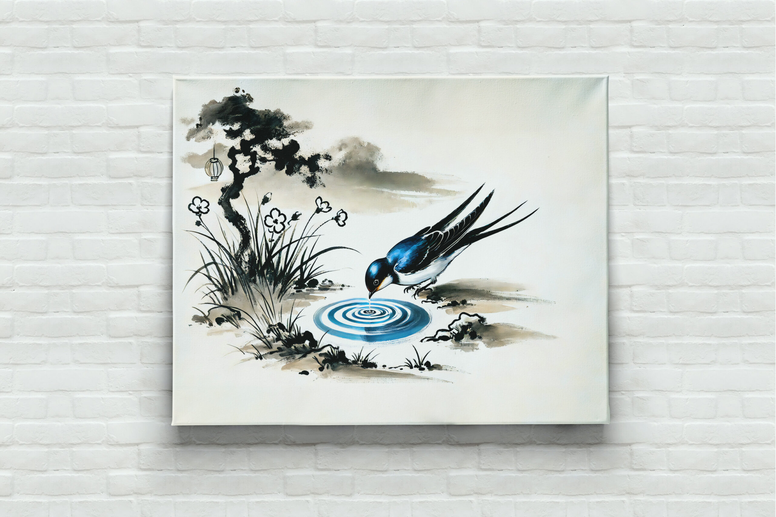raxxa Canva: Swallow Drinking Water in a Stream in Chinese Ink Painting - immagine 3