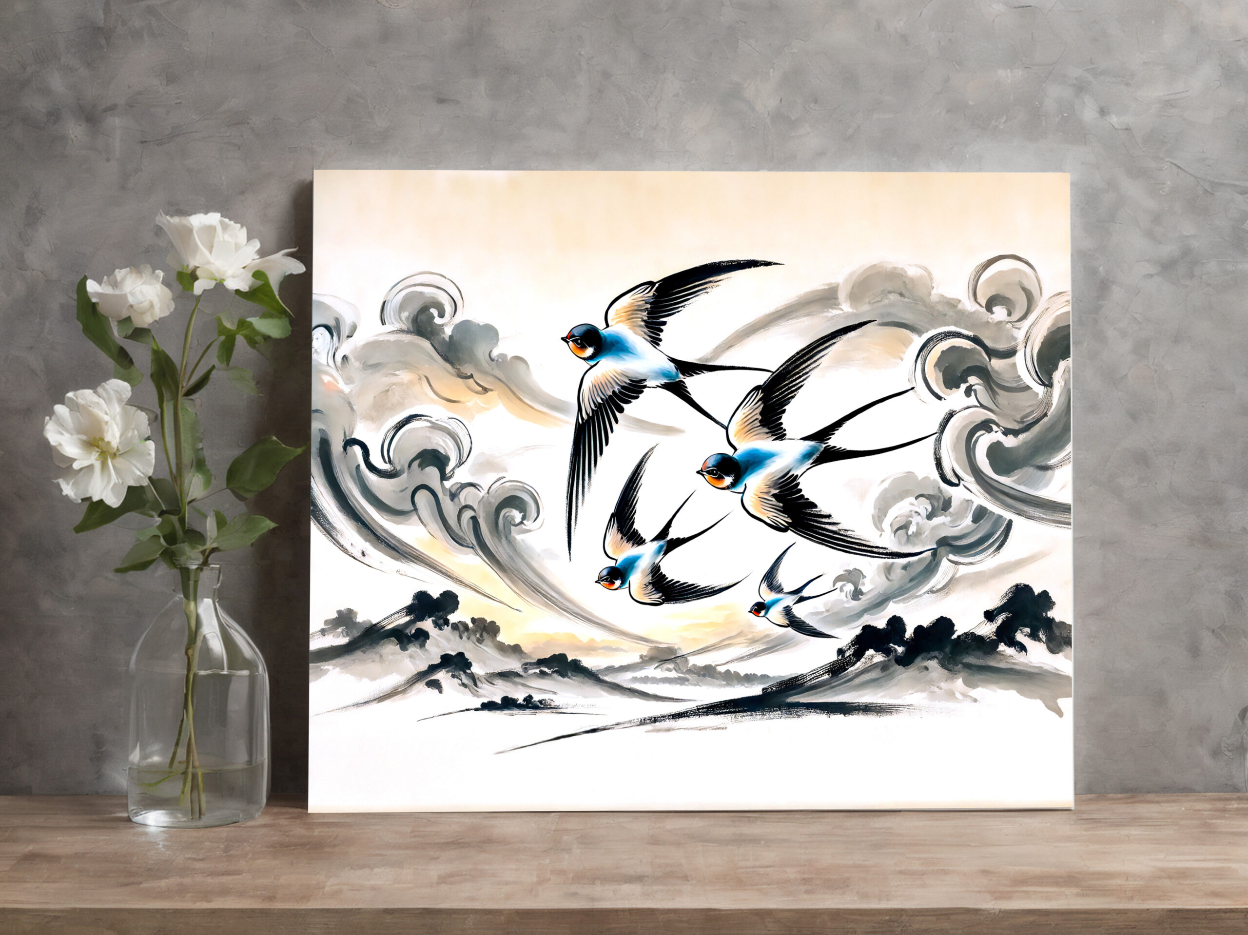 raxxa Canva: Swallows Soaring Through the Sky in Chinese Ink Painting - Image 2