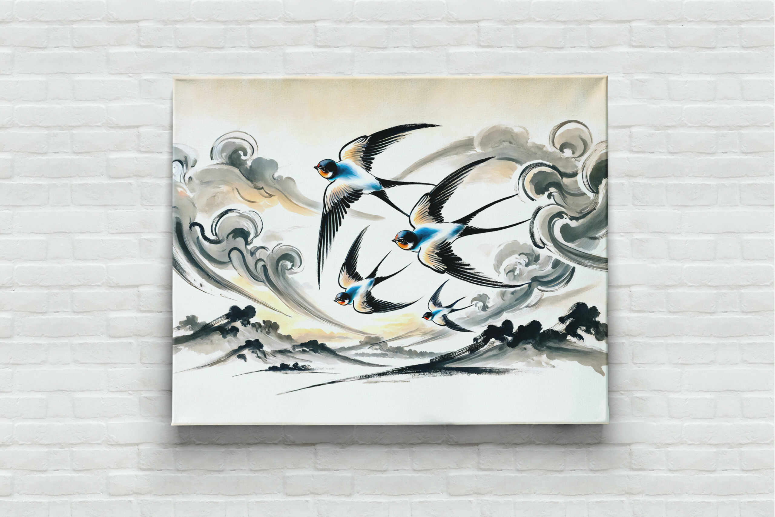 raxxa Canva: Swallows Soaring Through the Sky in Chinese Ink Painting
