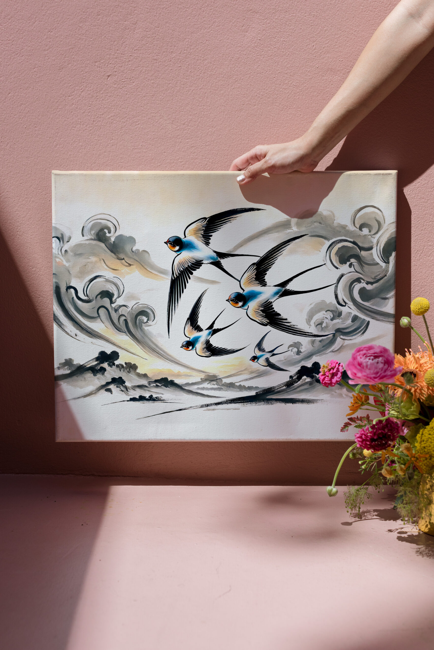 raxxa Canva: Swallows Soaring Through the Sky in Chinese Ink Painting - Image 3