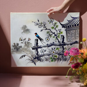 raxxa Canva: Swallow Perched on a Fence in Chinese Ink Painting