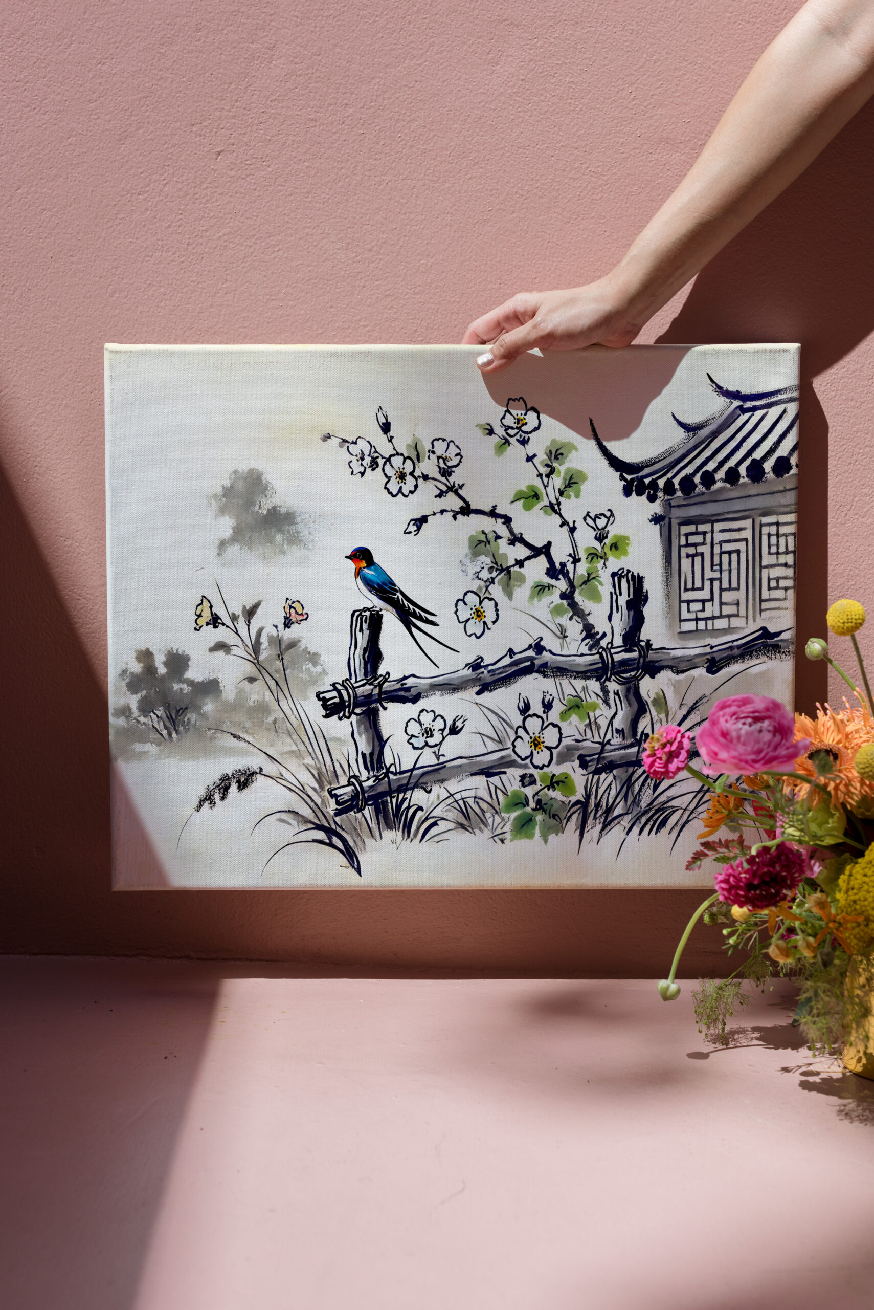raxxa Canva: Swallow Perched on a Fence in Chinese Ink Painting