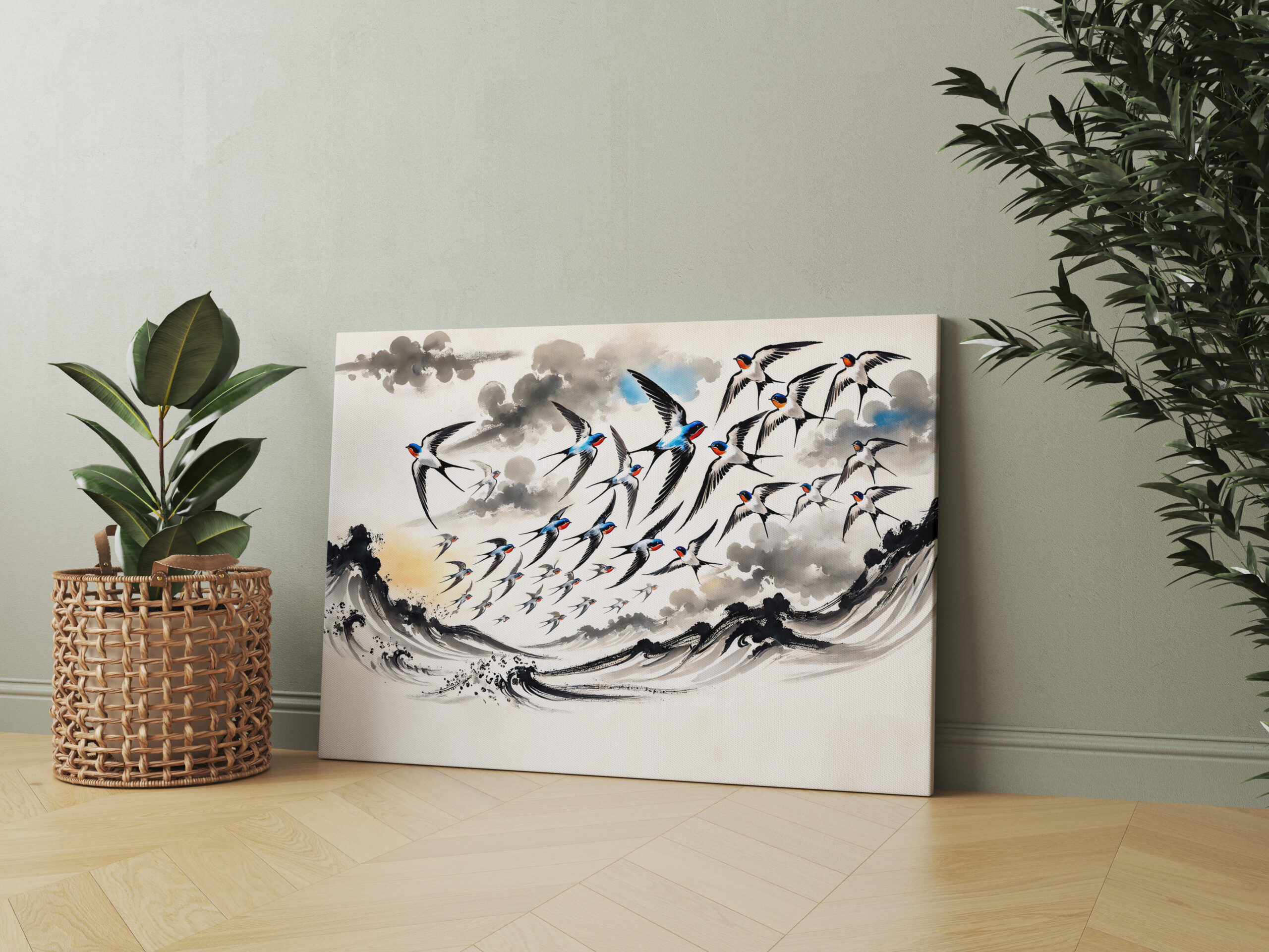 raxxa Canva: Swallows Soaring Through the Sky in Chinese Ink Painting - immagine 2