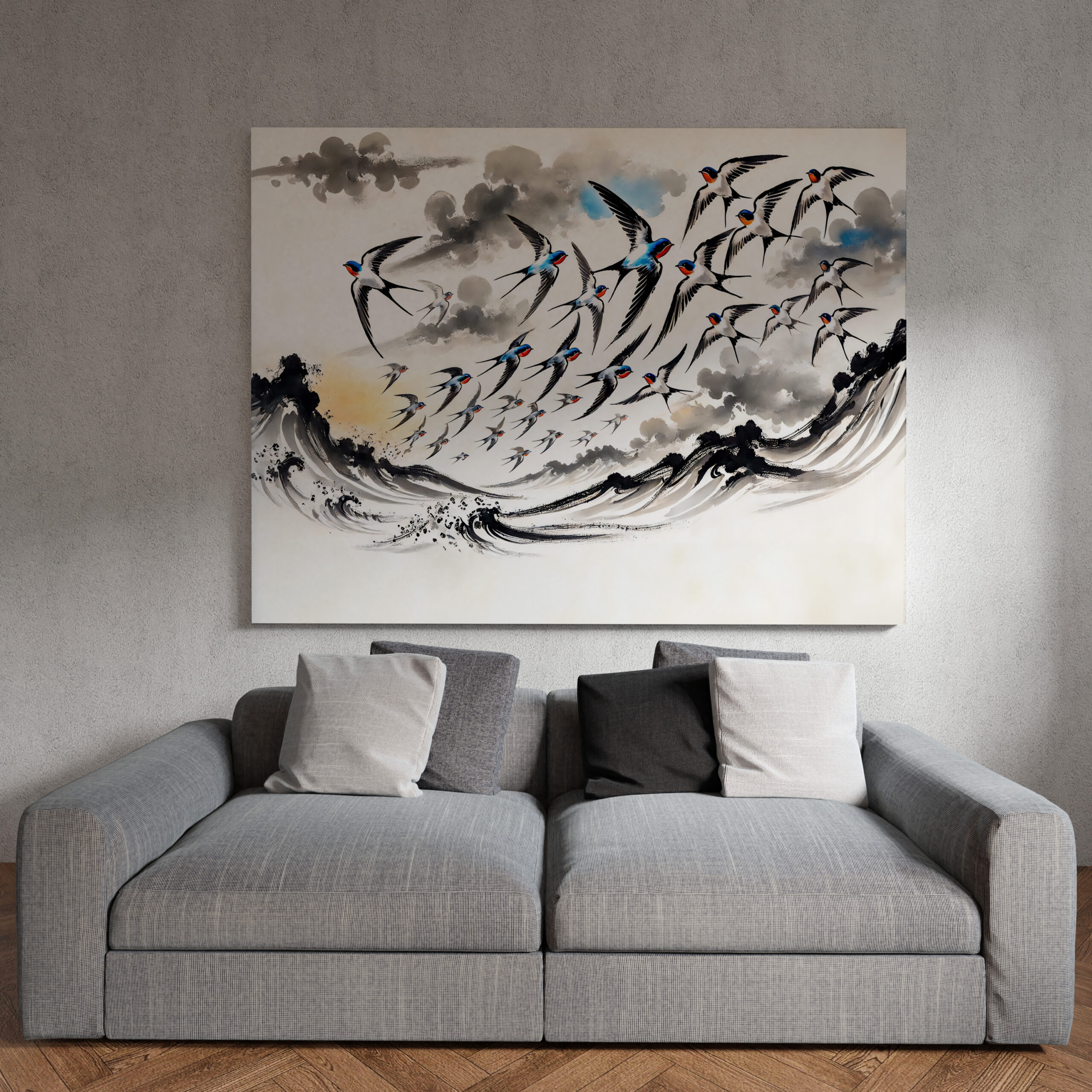 raxxa Canva: Swallows Soaring Through the Sky in Chinese Ink Painting
