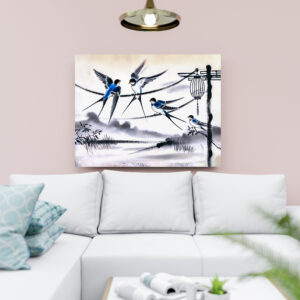 raxxa Canva: Group of Swallows Gathering on a Power Line in Chinese Ink Painting