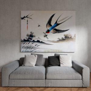 raxxa Canva: Swallow Catching an Insect in Mid-Air in Chinese Ink Painting