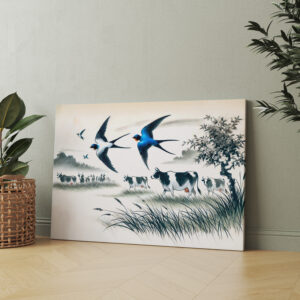 raxxa Canva: Swallows Flying Over a Cattle Field in Chinese Ink Painting