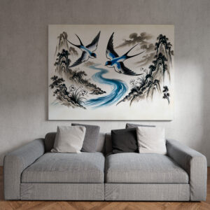 raxxa Canva: Swallows Soaring Through the Sky in Chinese Ink Painting