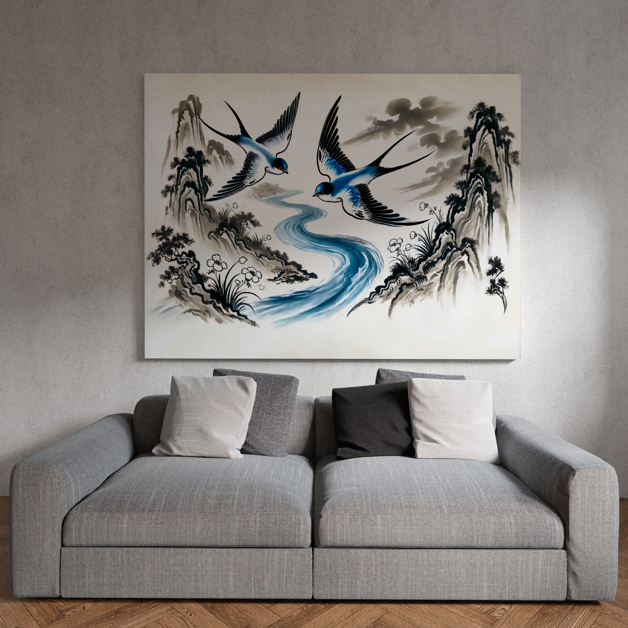 raxxa Canva: Swallows Soaring Through the Sky in Chinese Ink Painting