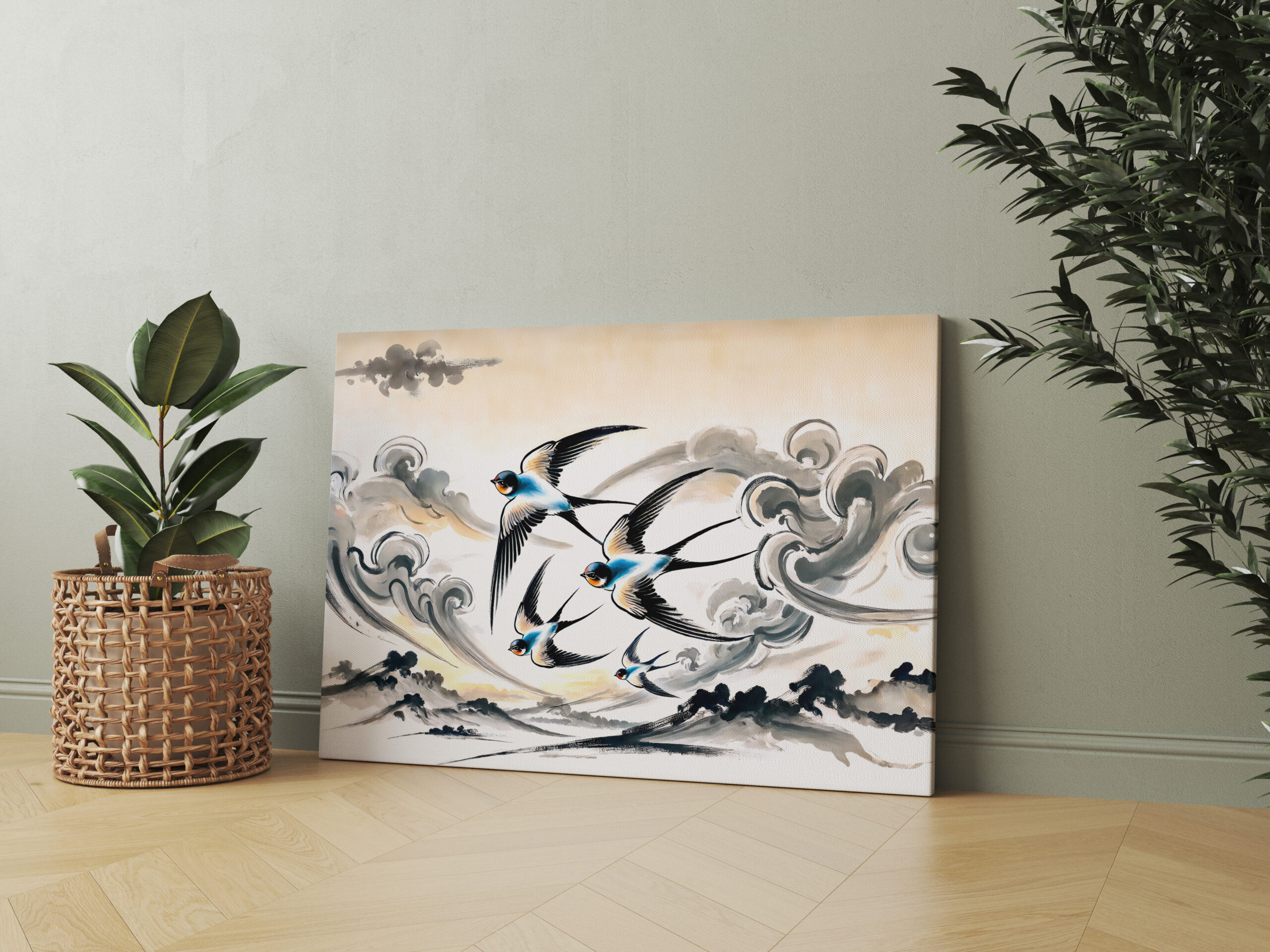 raxxa Canva: Swallows Soaring Through the Sky in Chinese Ink Painting