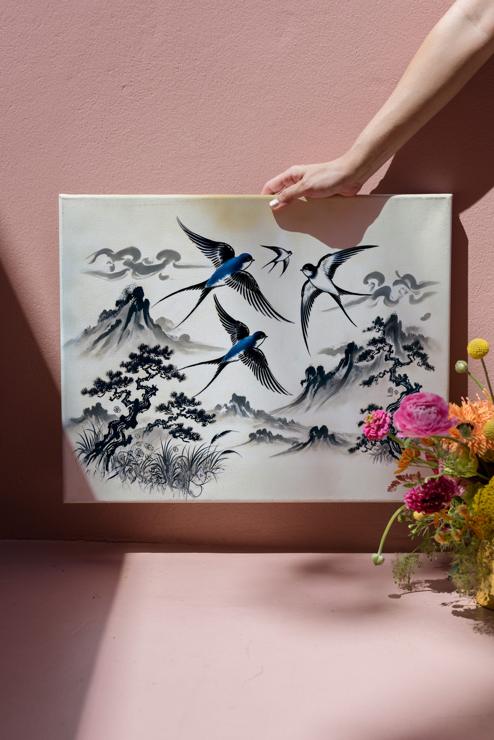 raxxa Canva: Swallows Soaring Through the Sky in Chinese Ink Painting