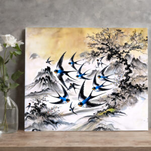 raxxa Canva: Swallows Soaring Through the Sky in Chinese Ink Painting