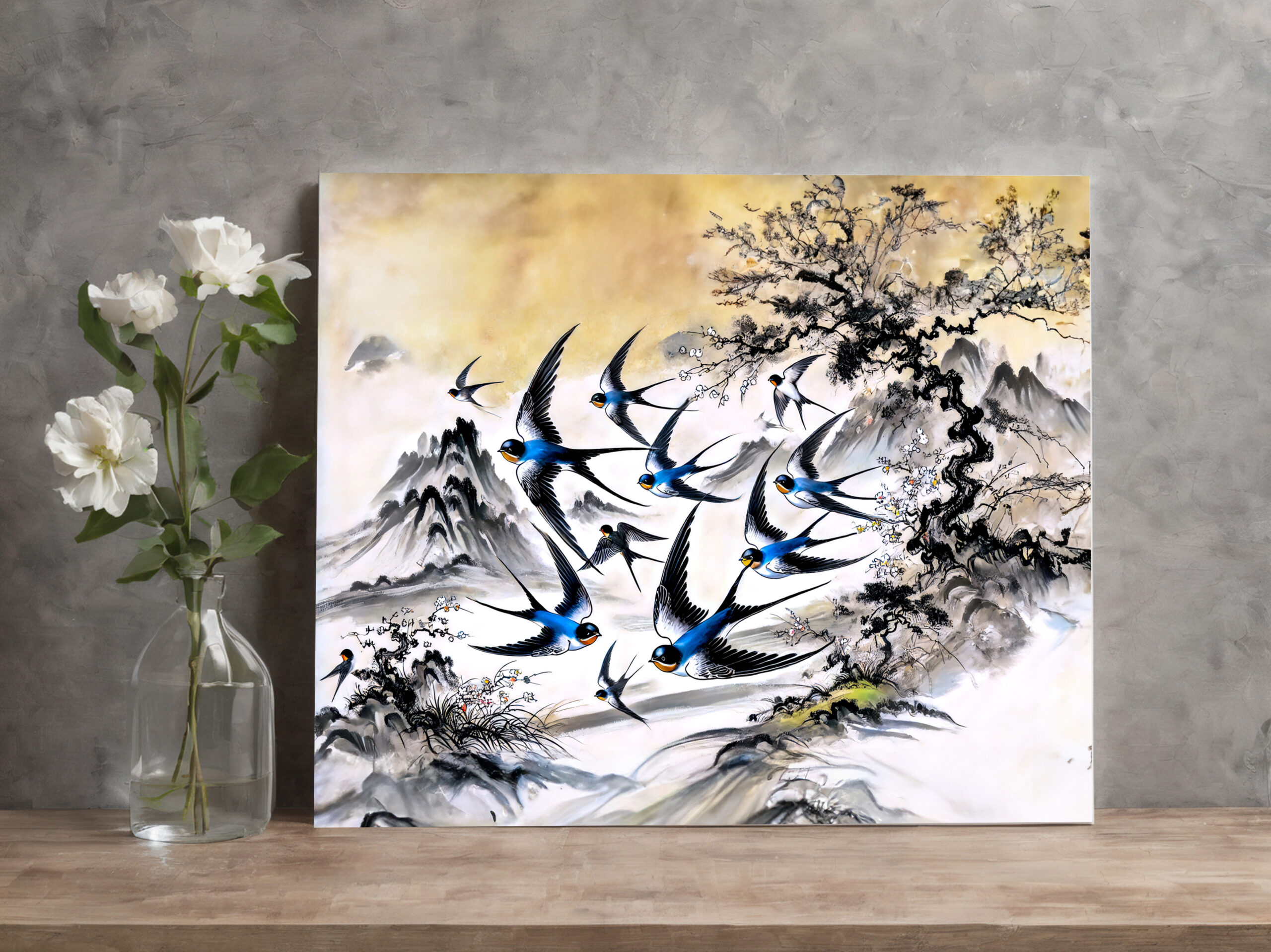 raxxa Canva: Swallows Soaring Through the Sky in Chinese Ink Painting