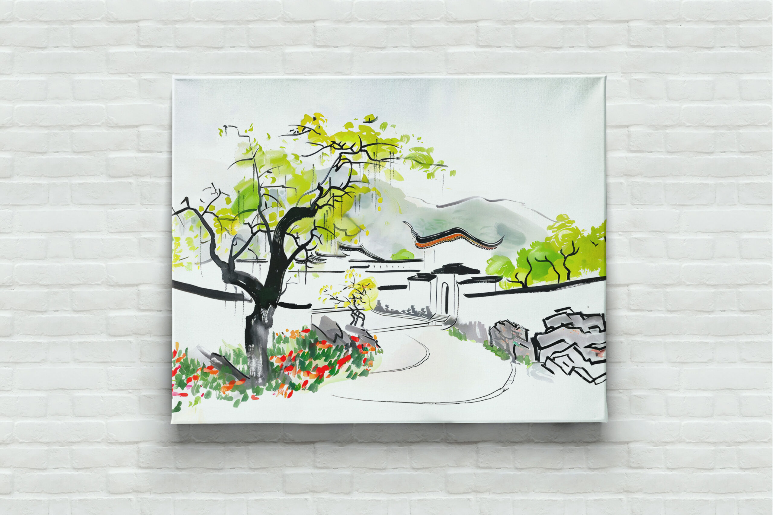 raxxa Canva: Chinese Village View with Traditional Temple