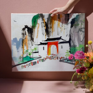 raxxa Canva: Temple with People in Mountainous Landscape
