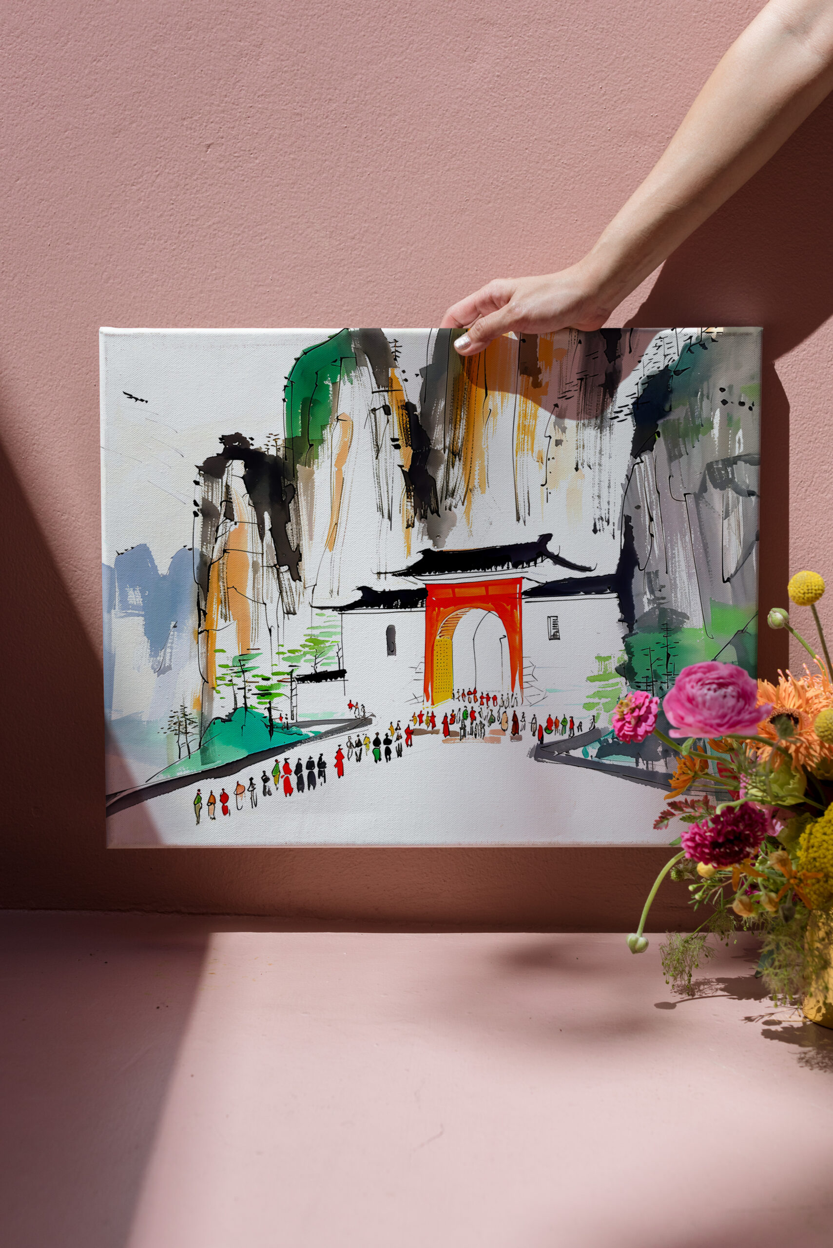 raxxa Canva: Temple with People in Mountainous Landscape