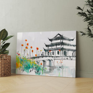 raxxa Canva: Chinese Temple by a Flowering Pond