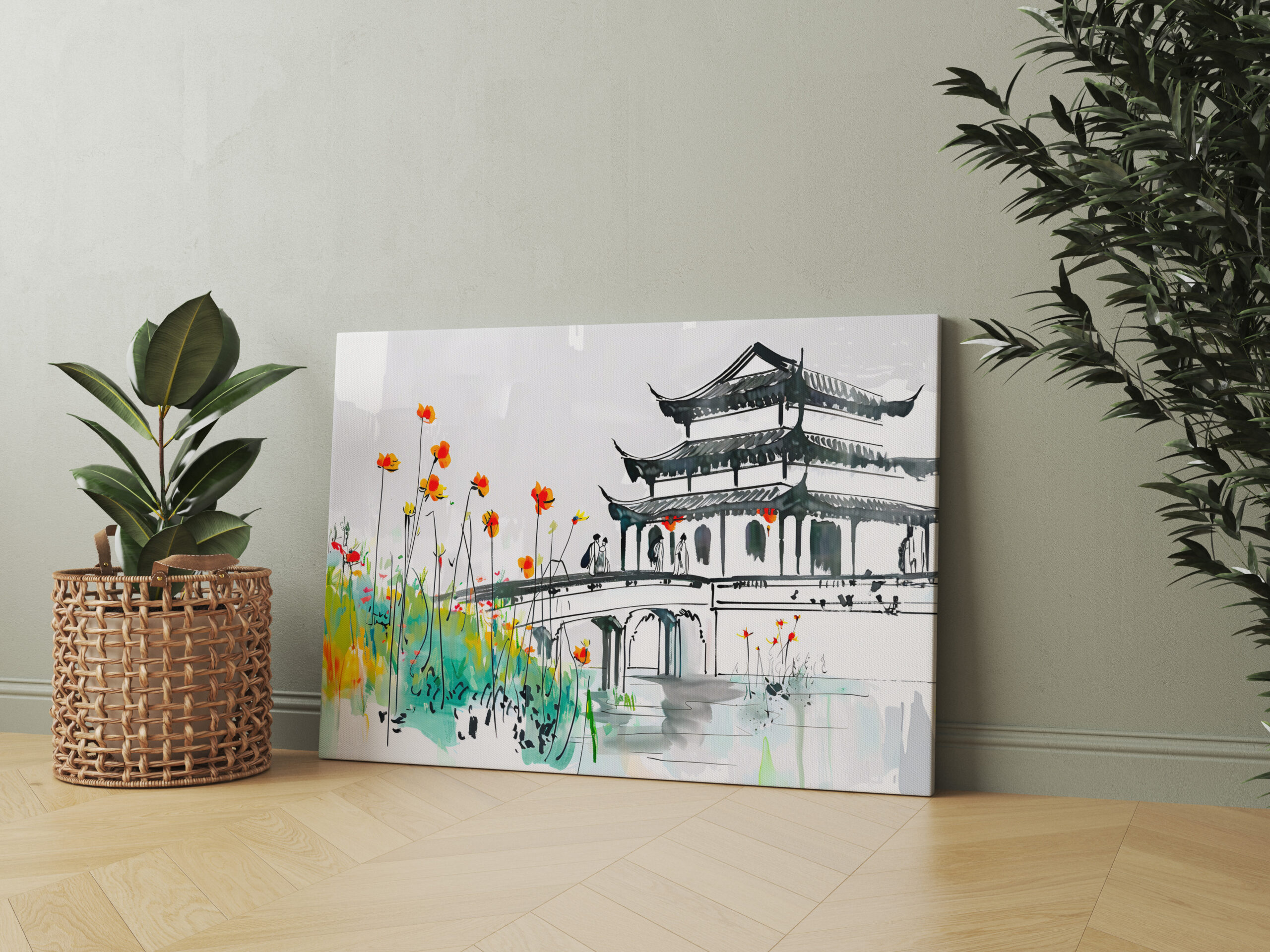 raxxa Canva: Chinese Temple by a Flowering Pond