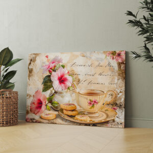 raxxa Canva: Hibiscus Blossoms with Fantasy Script and Tea Cup