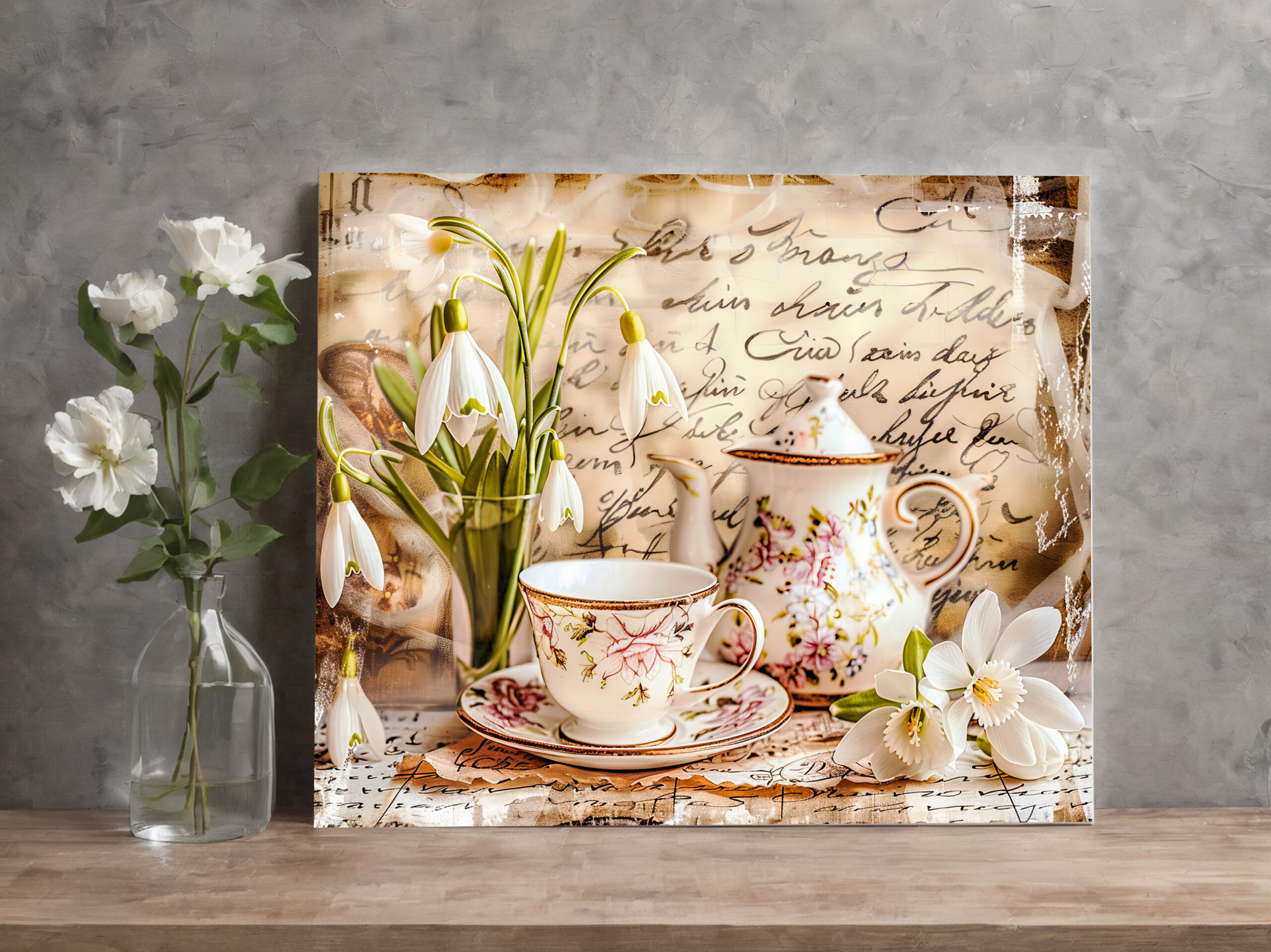 raxxa Canva: Snowdrops and Teacups in Vintage Style