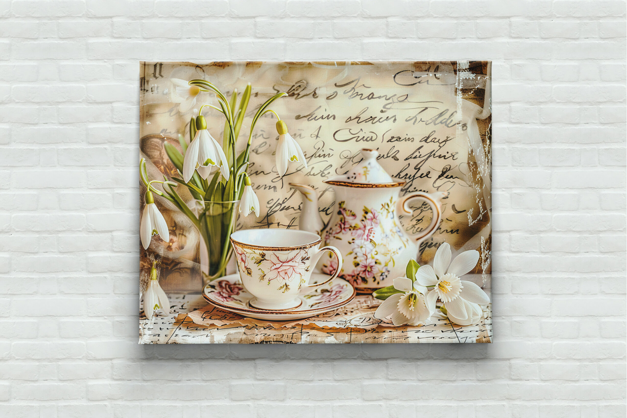 raxxa Canva: Snowdrops and Teacups in Vintage Style - Imagen 2