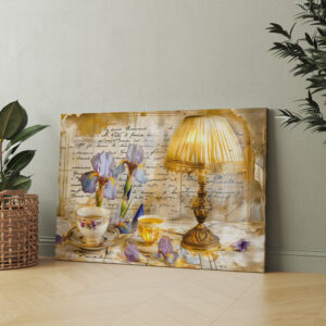 raxxa Canva: Iris Blooms with Teacup and Vintage Lamp