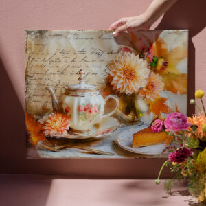 raxxa Canva: Dahlia Bloom with Pumpkin Cake Slice and Teapot